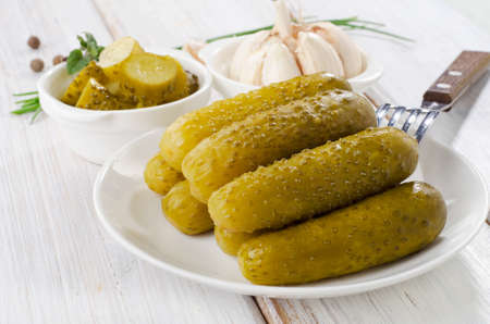 pickled cucumbers with a garlic. Selective focusの写真素材