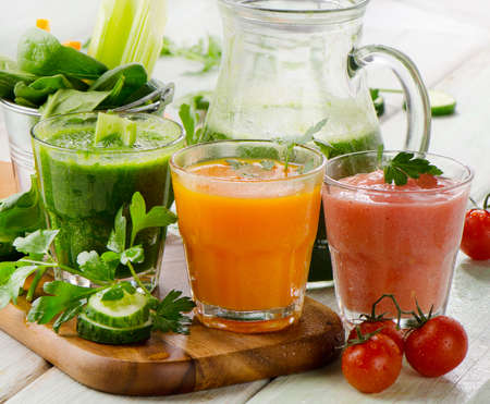 Healthy vegetable smoothie and juice.  Selective focusの写真素材