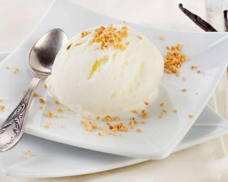 vanilla ice cream on a white plate. selective focusの写真素材