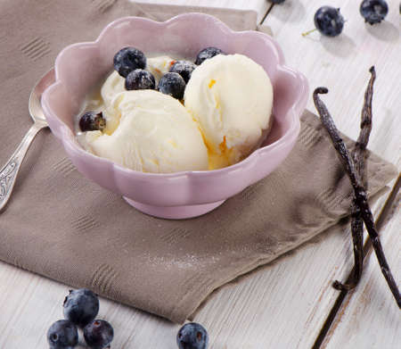 vanilla ice cream with berries. selective focusの写真素材
