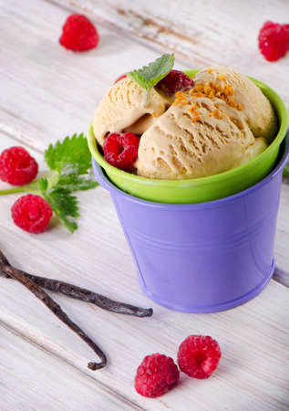 Ice cream with berries and mint. Selective focusの写真素材