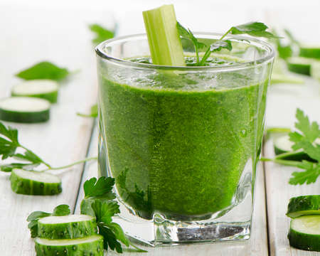 Healthy green smoothie in a glass.  Selective focusの写真素材