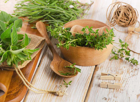 Various fresh herbs on a wooden table . Selective focusの写真素材