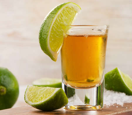 Tequila shot with lime . Selective focusの写真素材