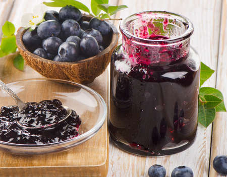 Fresh blueberries on a wooden table. Selective focusの写真素材