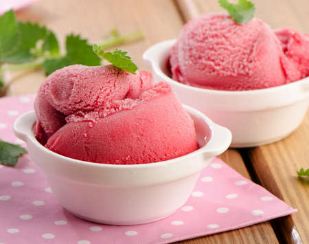 Sweet berry sorbet with fresh mint. Selective focusの写真素材
