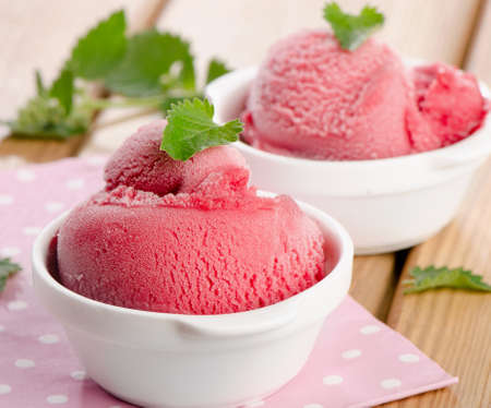 Sweet berry sorbet with fresh mint. Selective focusの写真素材