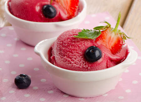 Sweet berry sorbet with fresh mint. Selective focusの写真素材