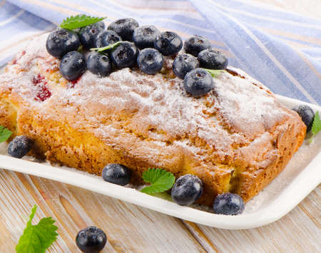 Delicious homemade blueberry cake with fresh blueberries . Selective focusの写真素材
