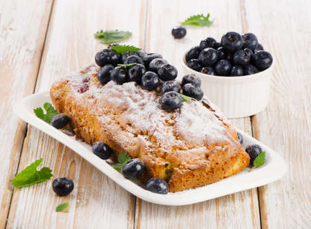 Delicious homemade blueberry cake with fresh blueberries . Selective focusの写真素材