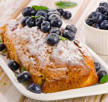 Delicious homemade blueberry cake with fresh blueberries . Selective focusの写真素材