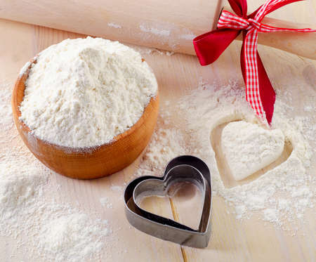 Flour on a wooden table. Selective focusの写真素材