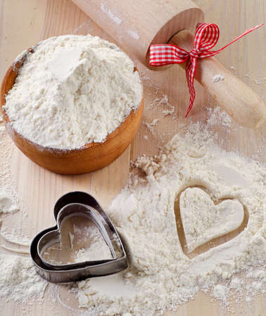 Flour on a wooden table. Selective focusの写真素材