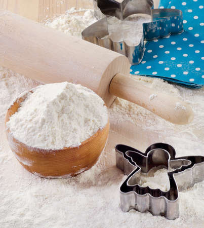 Flour on a wooden table. Selective focusの写真素材