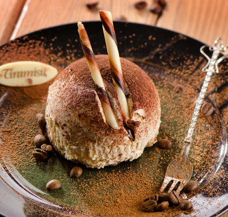 Sweet handmade chocolate cake on a plate. Selective focusの写真素材