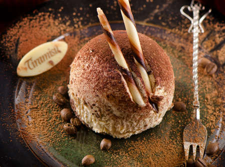 Sweet handmade chocolate cake on a plate. Selective focusの写真素材