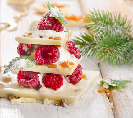 Chocolate christmas tree with berries . Selective focusの写真素材