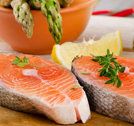 Salmon steak with fresh vegetables. Selective focusの写真素材