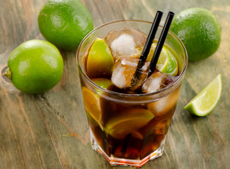 Cuba Libre Drink  on a wooden table. Selective focusの写真素材