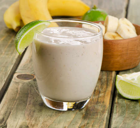 Glasses of healthy  Banana smoothie with lime . Selective focusの写真素材