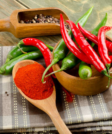  Chili Peppers in bowl over wooden background. Selective focusの写真素材