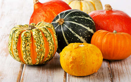 Colorful pumpkins on a wooden table. Selective focus
の写真素材
