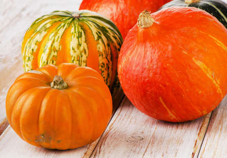 Colorful pumpkins on a wooden background. Selective focusの写真素材