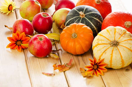 Pumpkins with red apples and  fall leaves. Selective focusの写真素材
