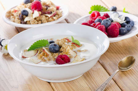 Bowl of muesli and yogurt with fresh berries. Selective focusの写真素材