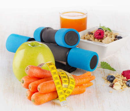 fitness equipment and healthy food - health and diet concept. Selective focusの写真素材