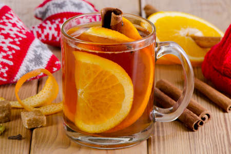 Christmas tea with  spices on a  wooden table. Selective focusの写真素材