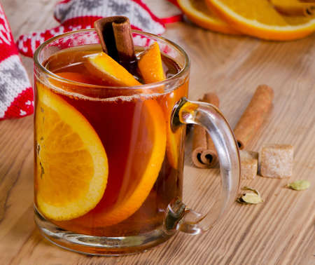 Christmas tea with  spices on a  wooden background. Selective focusの写真素材