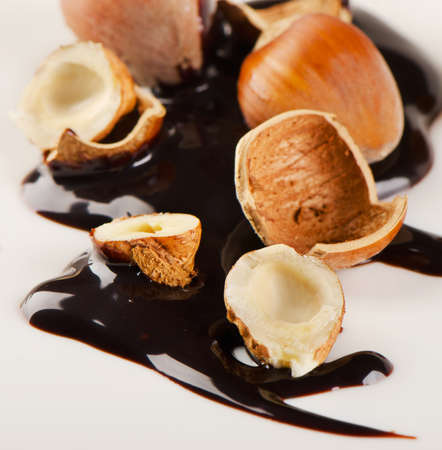 Hazelnuts and chocolate sauce .  Selective focusの写真素材
