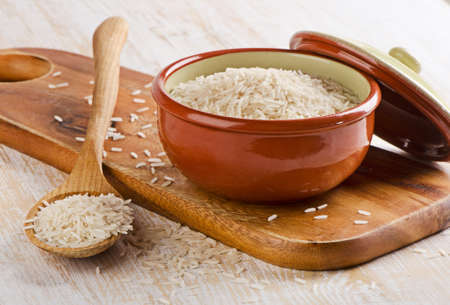 Rice in  clay bowl. Selective focusの写真素材