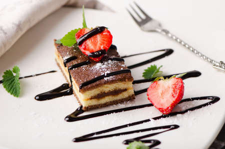 Biscuit cake with chocolate and berries on  white plate. Selective focusの写真素材