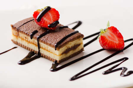 Biscuit cake with chocolate and berries on plate. Selective focusの写真素材