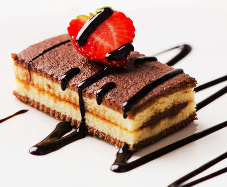 Cake with chocolate and strawberry . Selective focusの写真素材