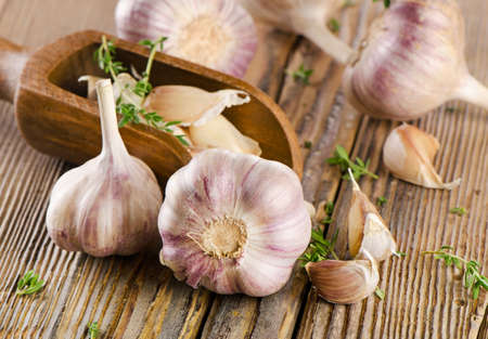garlic  on  a  wooden board. selective focusの写真素材