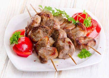 Pork kebabs served on a   plate. Selective focusの写真素材
