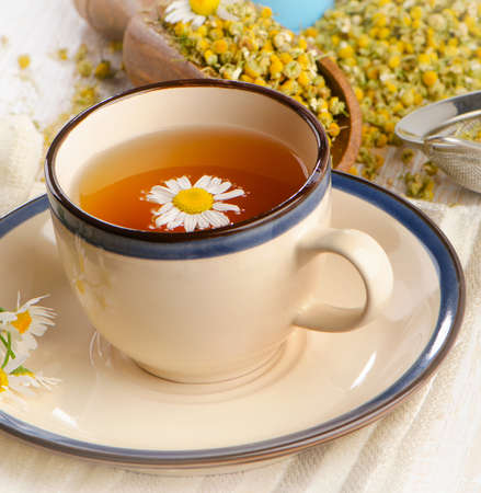 Herbal tea with chamomile .  Selective focusの写真素材