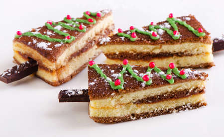 Slices of Christmas sweet cake  on a white plate .の写真素材
