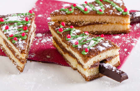 Slices of Christmas sweet cake  on  white plate .の写真素材
