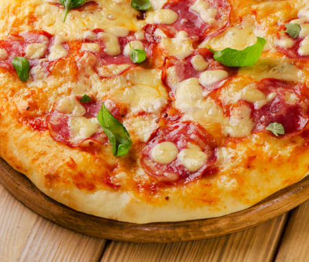 Salami pizza with cheese and basil on a  wooden  board. Selective focusの写真素材