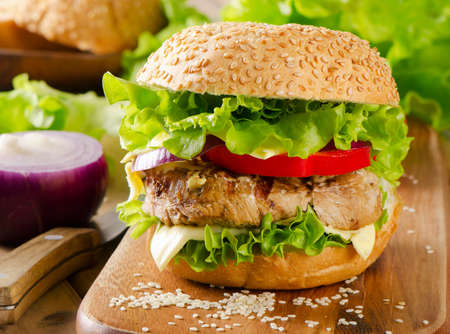 Homemade healthy hamburger with fresh vegetables. Selective focusの写真素材