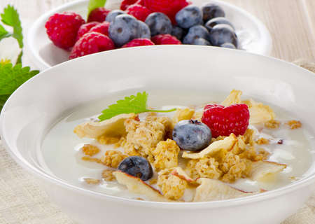 Healthy breakfast - yogurt with muesli and fresh  berries. Selective focus