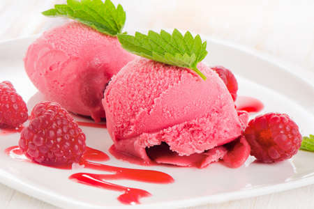 Raspberry sorbet with fresh mint. Selective focusの写真素材