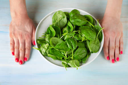 woman hands with  a green spinash - healthy food conceptの写真素材