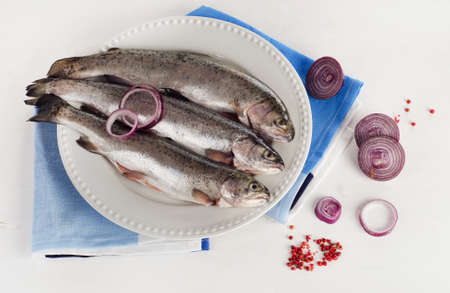 Fresh Rainbow trouts on a white plate with herbs. Top viewの写真素材