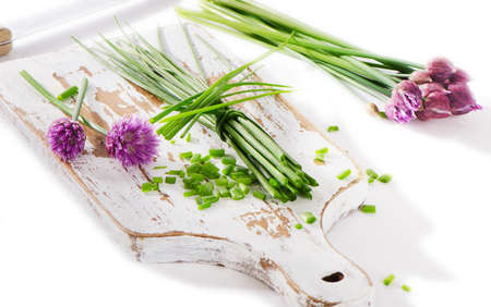 Fresh green chive on isolated on  white background. Selective focusの写真素材