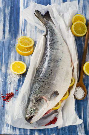 Fresh Fish of a Paper with Salt and  Slices of a Lemonの写真素材